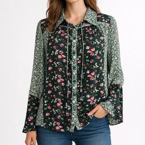 Easel Floral Patchwork Button Front Blouse Size Large Green Boho‎ Cottagecore